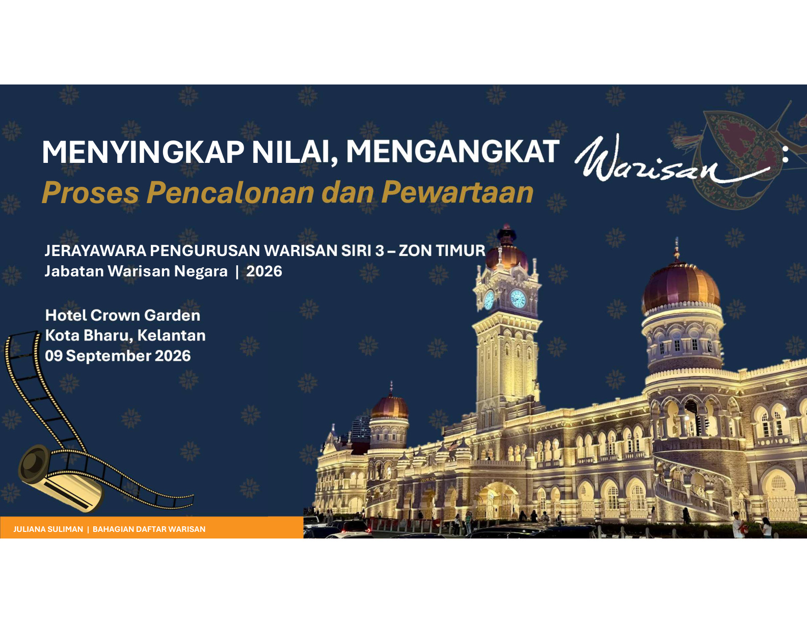 Halaman muka sumber pembentangan dengan ilustrasi bangunan warisan dan identiti visual Jabatan Warisan Negara